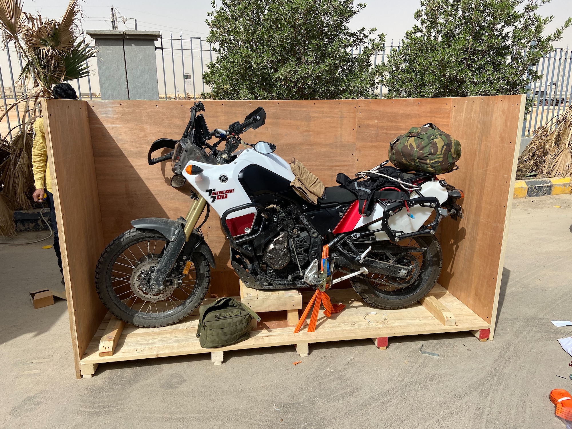 Tenere 700 boxed for shipping to Europe